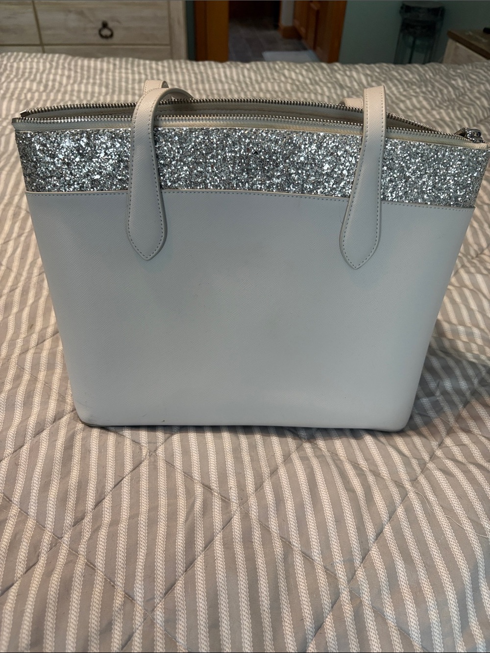 kate spade White Tote with Silver Glitter Trim